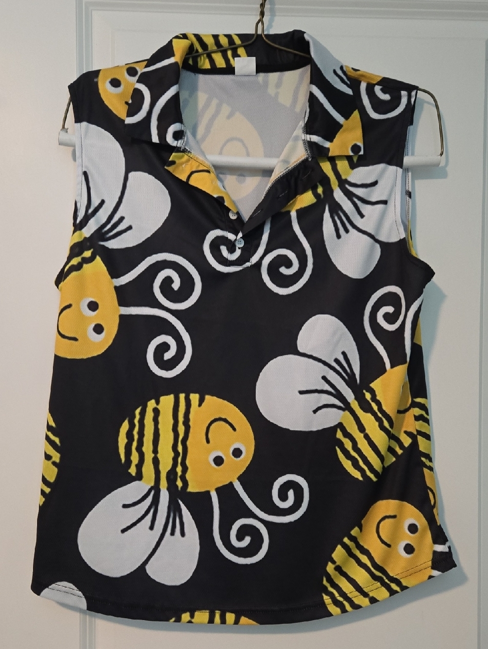 Sleeveless Black Polo with Yellow Bee Print